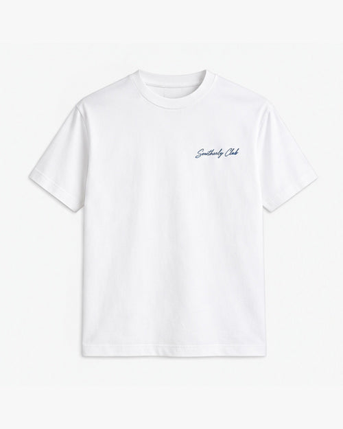 North Coast Letter Tee, white, front view. Generated pre-production design preview.