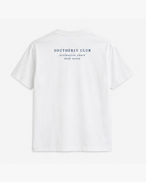 Coast Club Tee, white, back view. Generated pre-production design preview.