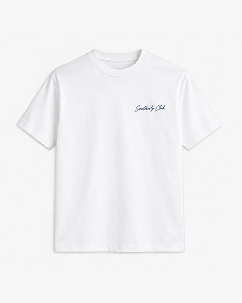Coast Club Tee, white, front view. Generated pre-production design preview.