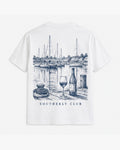 Marina Evening Tee, white, back view. Generated pre-production design preview.