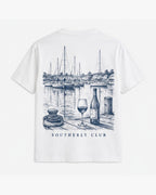 Marina Evening Tee, white, back view. Generated pre-production design preview.