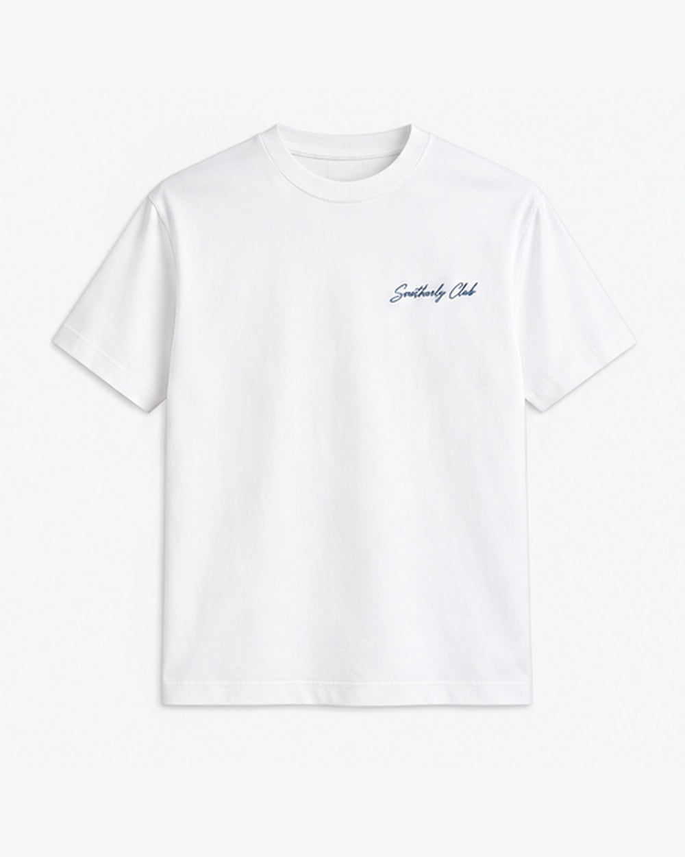 Marina Evening Tee, white, front view. Generated pre-production design preview.