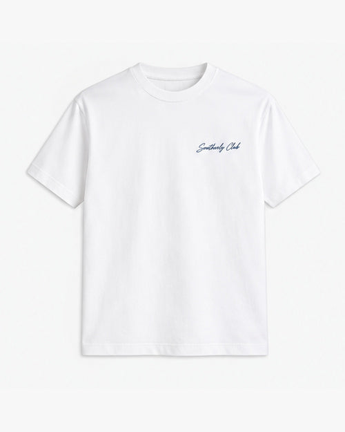 Marina Evening Tee, white, front view. Generated pre-production design preview.