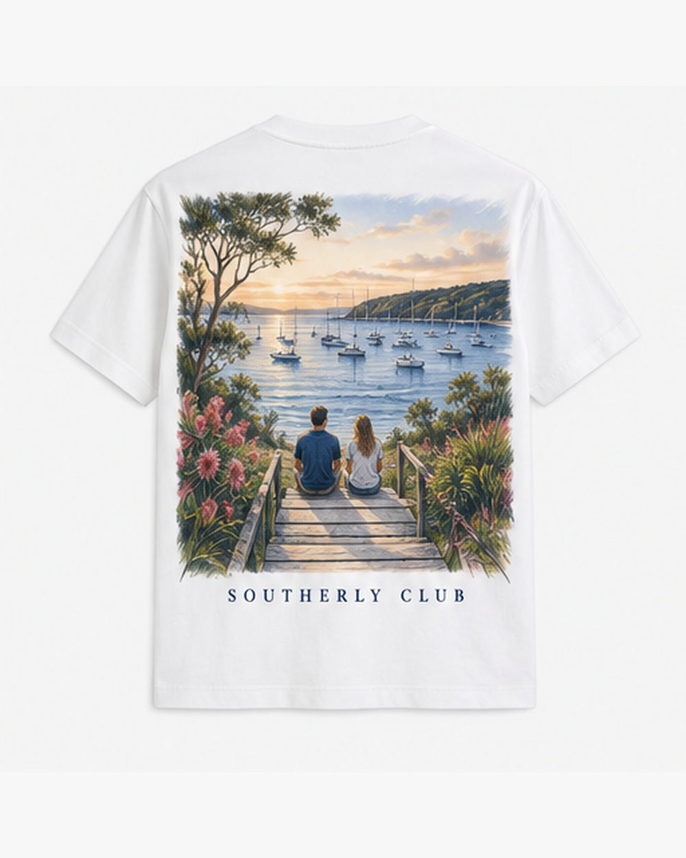 Evening Walk Tee, white, back view. Generated pre-production design preview.