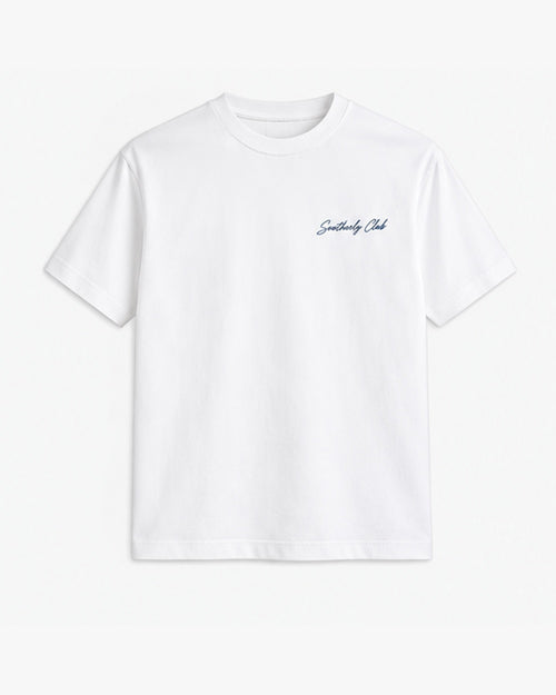 Evening Walk Tee, white, front view. Generated pre-production design preview.