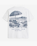Beach Seat Tee, white, back view. Generated pre-production design preview.