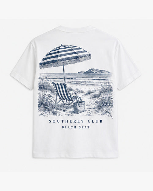 Beach Seat Tee, white, back view. Generated pre-production design preview.