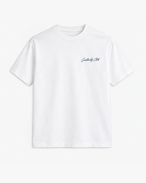 Beach Seat Tee, white, front view. Generated pre-production design preview.