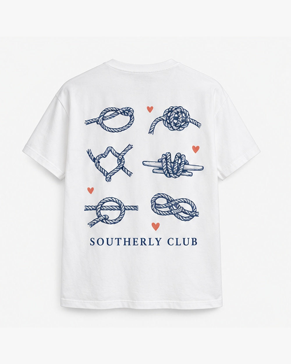 Noughts And Knots Tee, white, back view. Generated pre-production design preview.