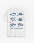 Noughts And Knots Tee, white, back view. Generated pre-production design preview.