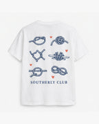 Noughts And Knots Tee, white, back view. Generated pre-production design preview.