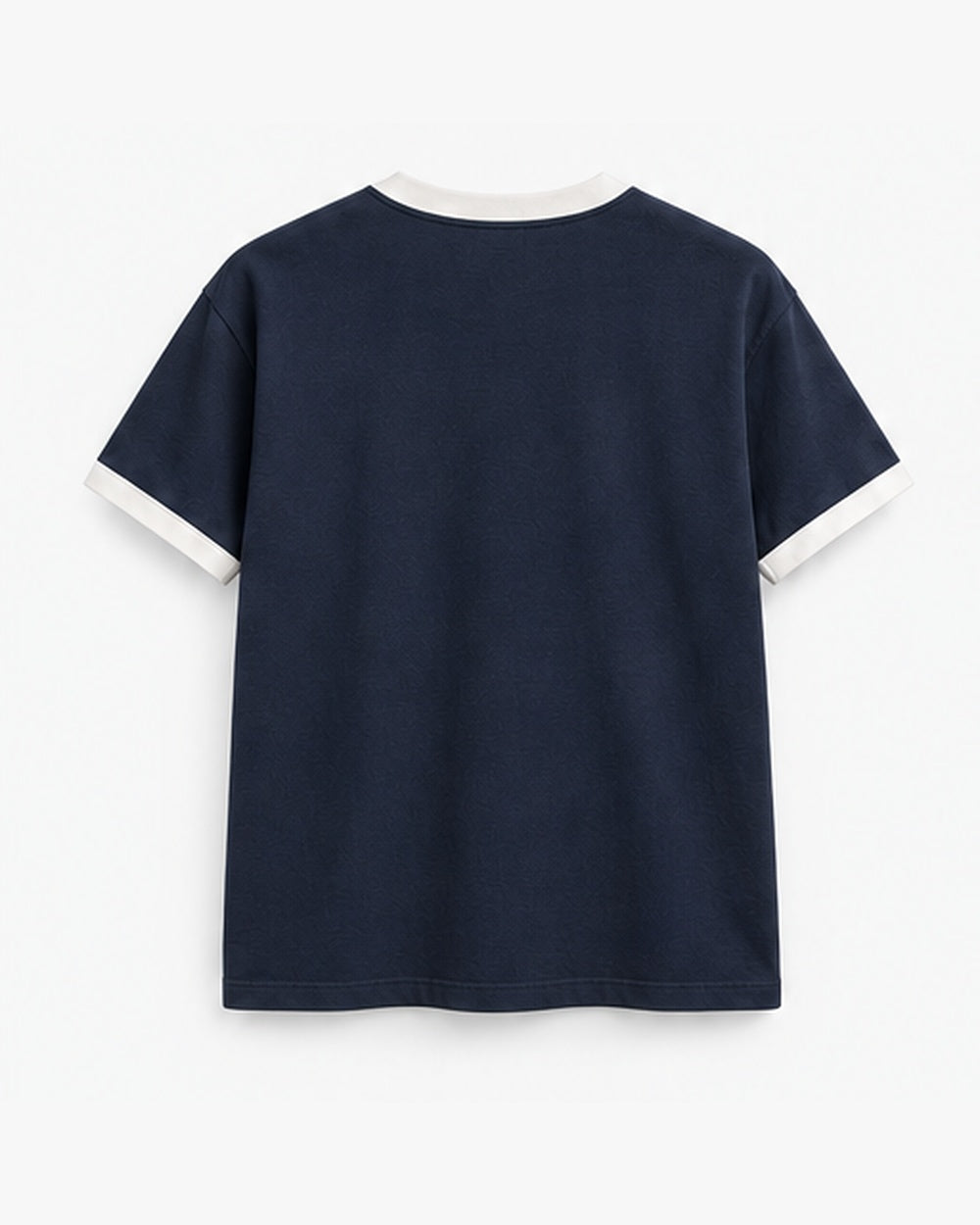 Navy Ringer Tee, navy with salt trim, back view. Generated pre-production design preview.