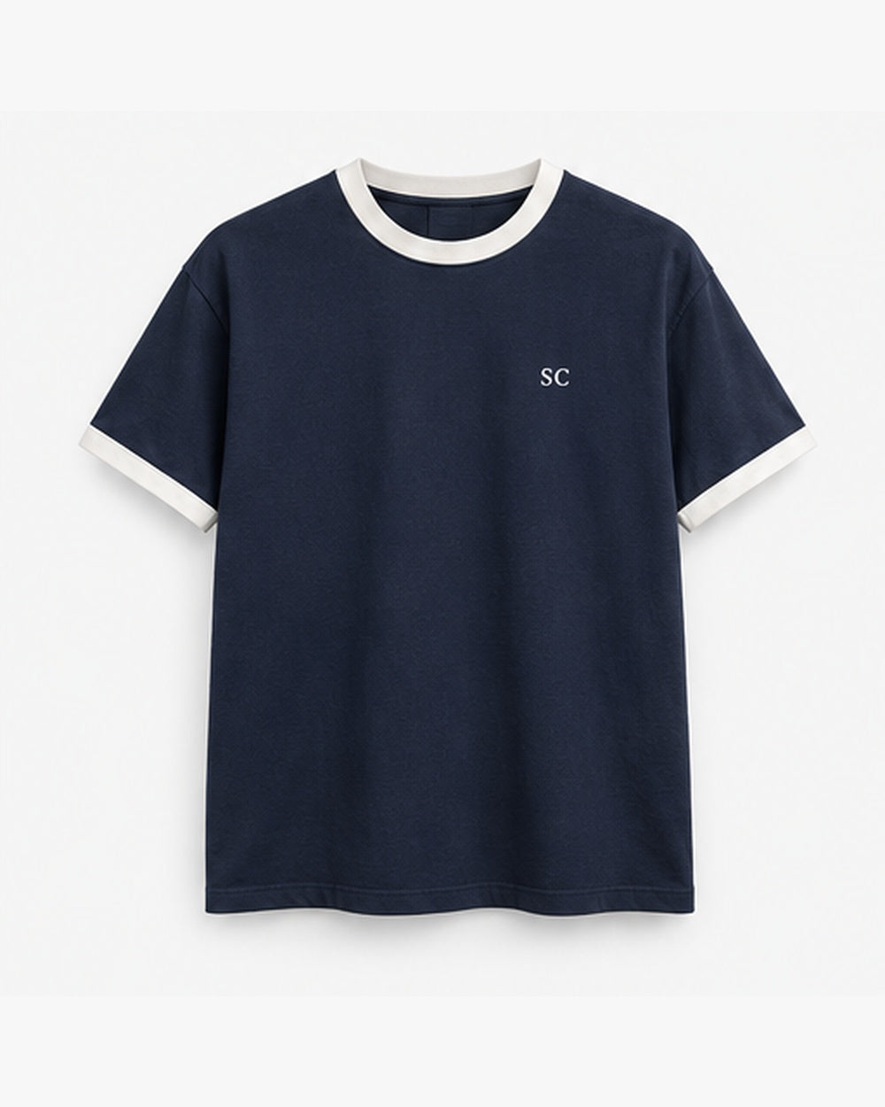 Navy Ringer Tee, navy with salt trim, front view. Generated pre-production design preview.