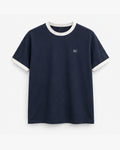 Navy Ringer Tee, navy with salt trim, front view. Generated pre-production design preview.