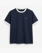 Navy Ringer Tee, navy with salt trim, front view. Generated pre-production design preview.