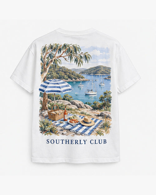 Island Lunch Tee, white, back view. Generated pre-production design preview.
