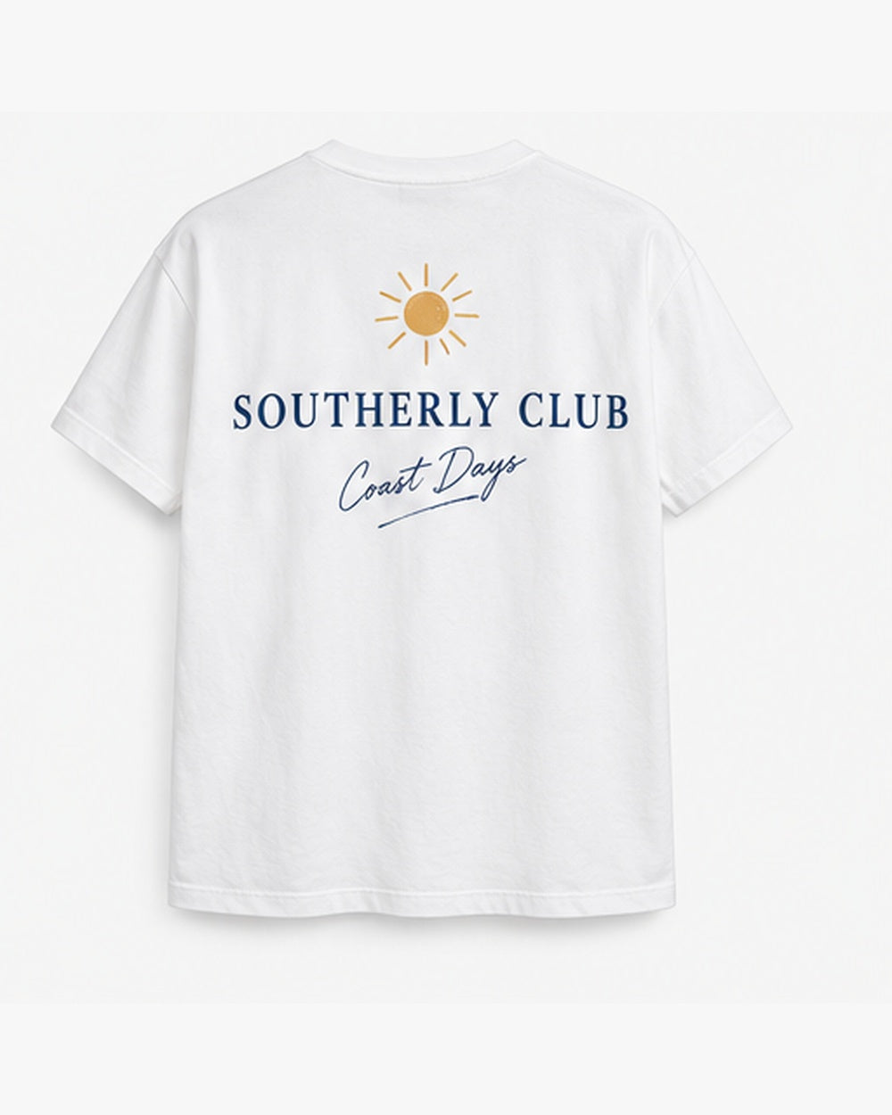 Sunshine Wordmark Tee, white, back view. Generated pre-production design preview.