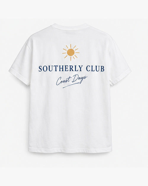 Sunshine Wordmark Tee, white, back view. Generated pre-production design preview.
