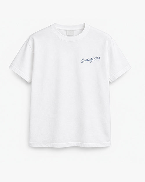 Sunshine Wordmark Tee, white, front view. Generated pre-production design preview.