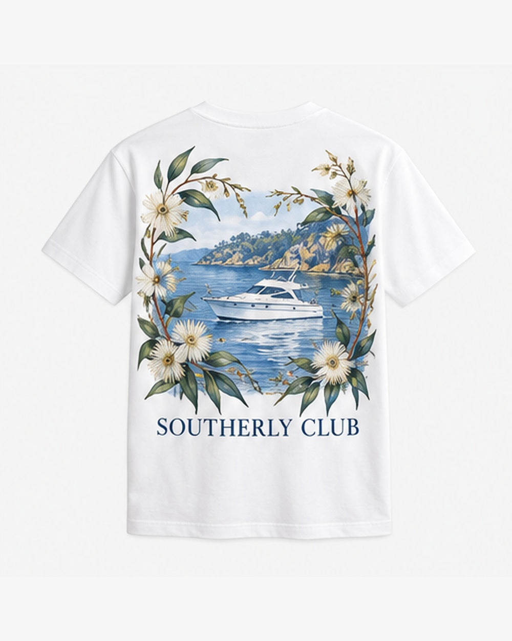 Quiet Anchorage Tee, white, back view. Generated pre-production design preview.