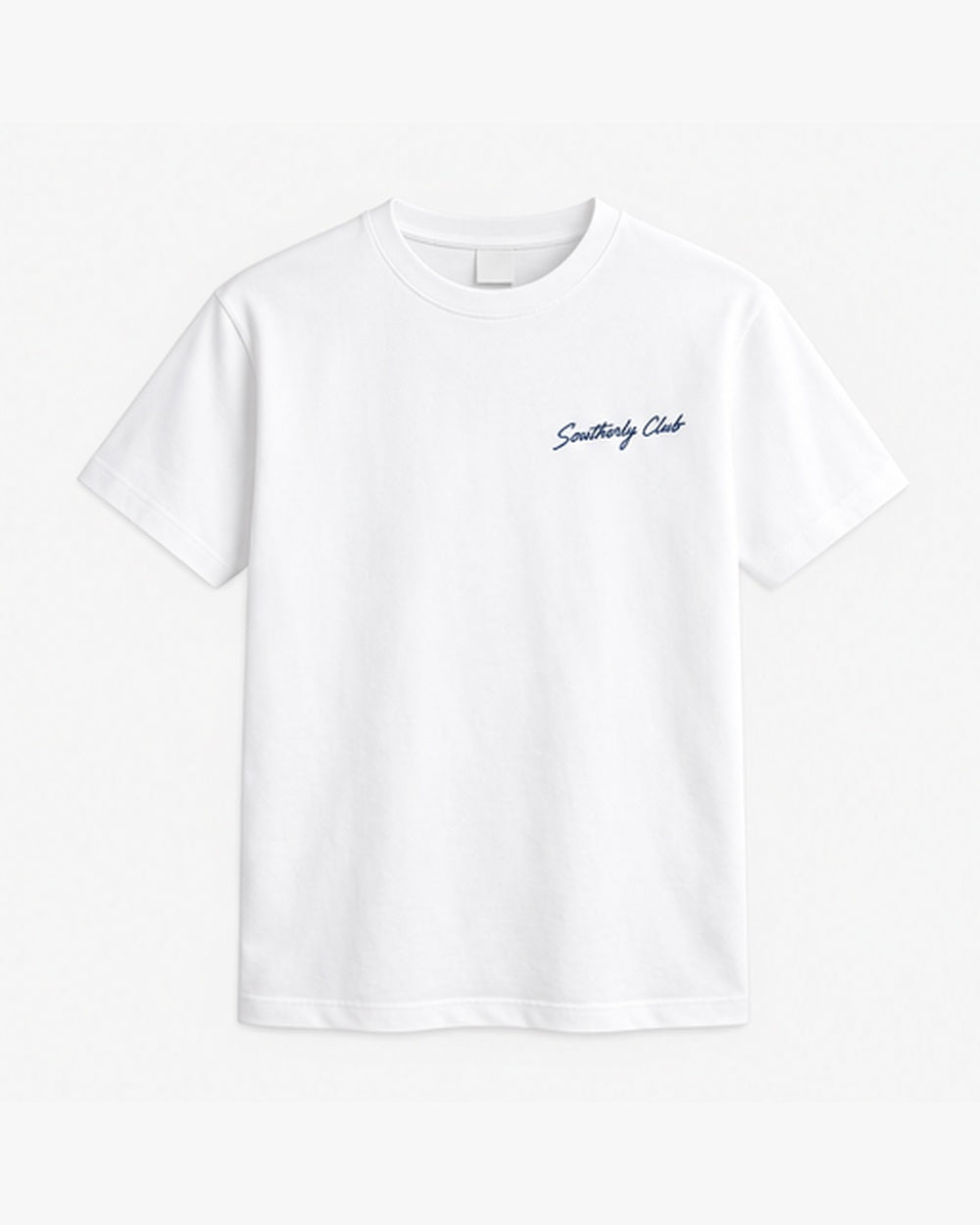 Quiet Anchorage Tee, white, front view. Generated pre-production design preview.