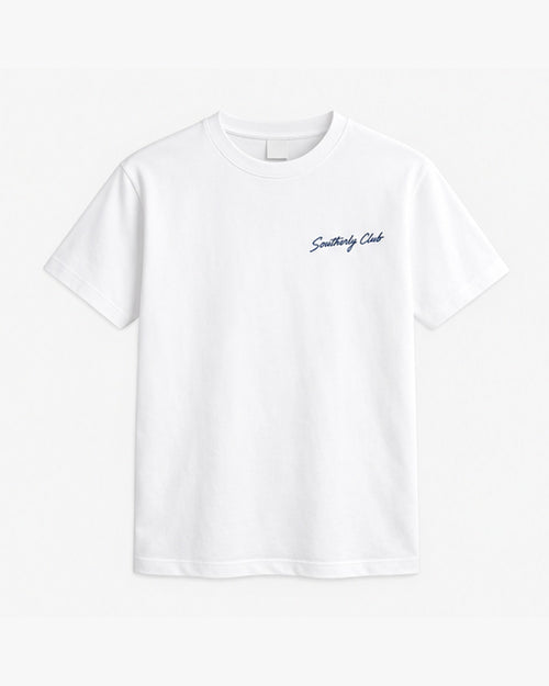 Quiet Anchorage Tee, white, front view. Generated pre-production design preview.