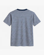Fine Stripe Tee, navy and salt, back view. Generated pre-production design preview.