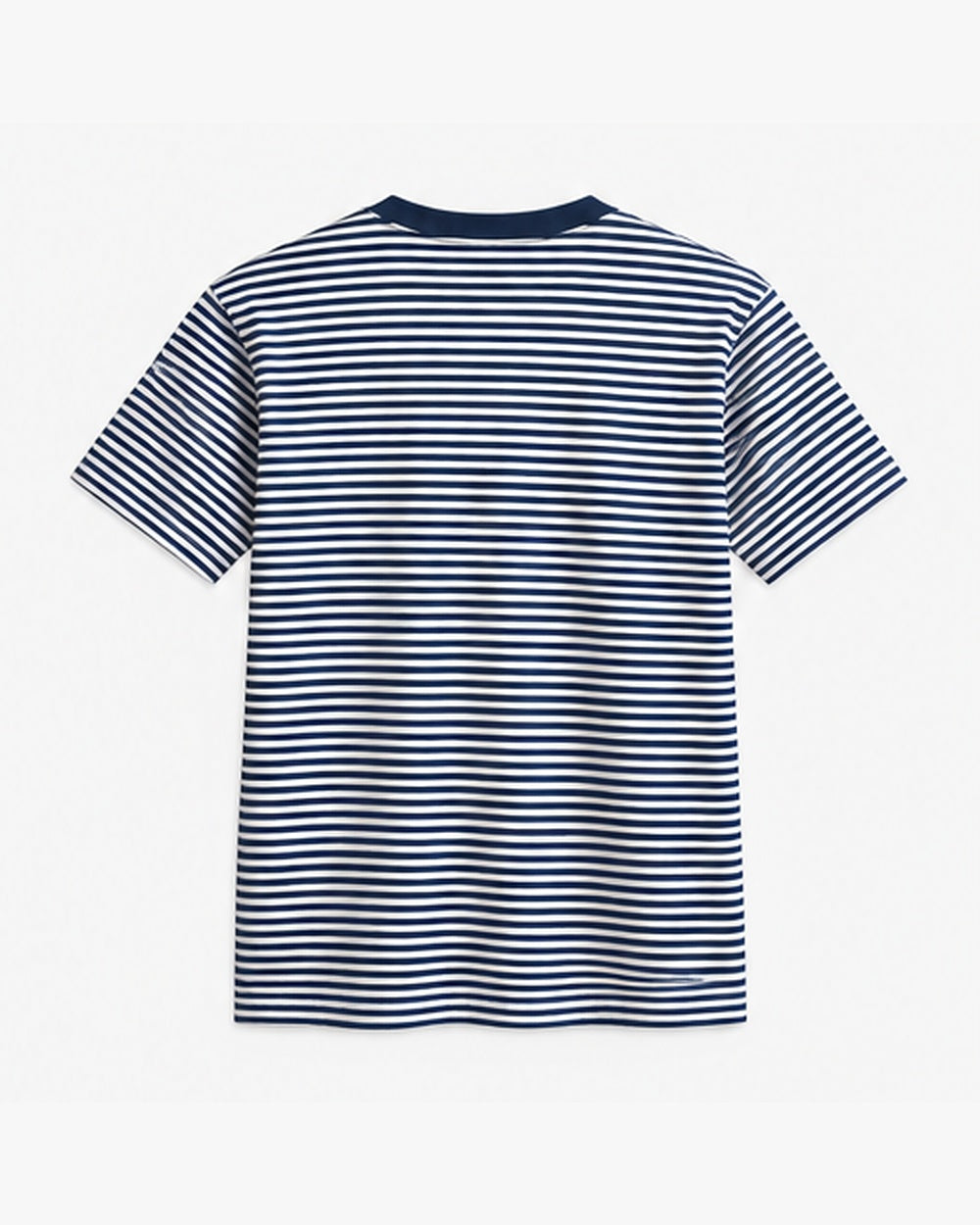 Fine Stripe Tee, navy and salt, back view. Generated pre-production design preview.