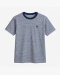 Fine Stripe Tee, navy and salt, front view. Generated pre-production design preview.