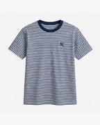 Fine Stripe Tee, navy and salt, front view. Generated pre-production design preview.