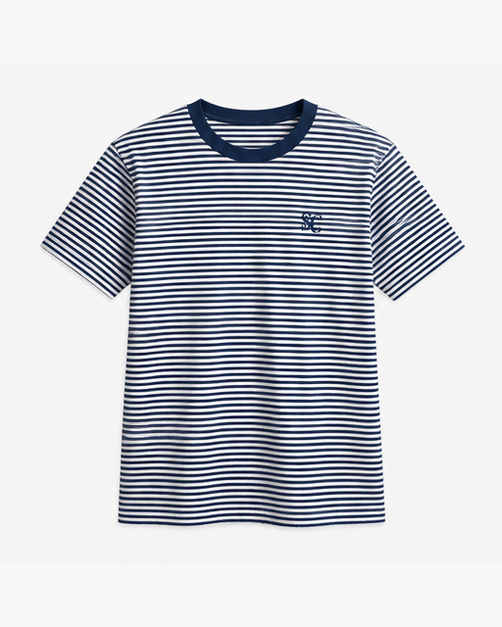 Fine Stripe Tee, navy and salt, front view. Generated pre-production design preview.