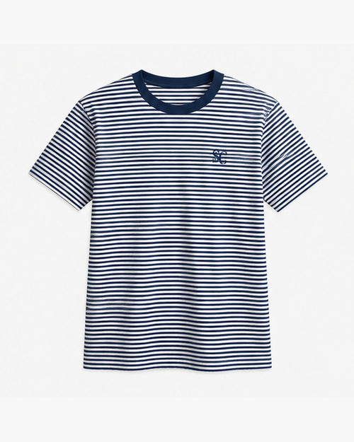 Fine Stripe Tee, navy and salt, front view. Generated pre-production design preview.