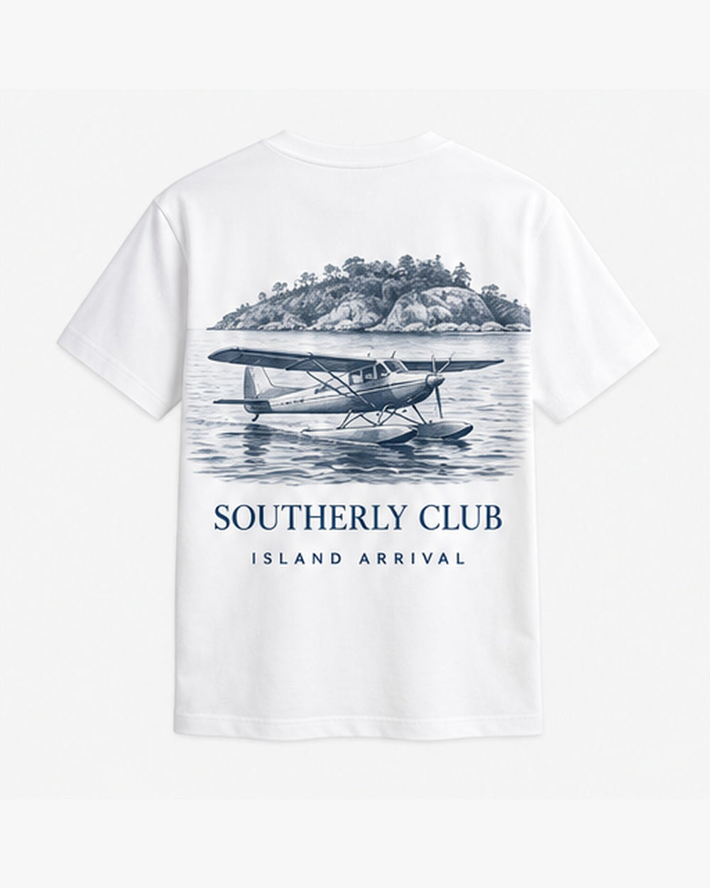 Island Arrival Tee, white, back view. Generated pre-production design preview.