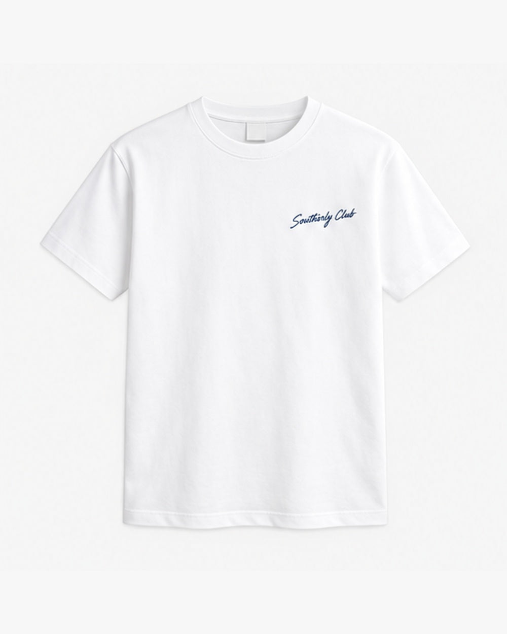 Island Arrival Tee, white, front view. Generated pre-production design preview.