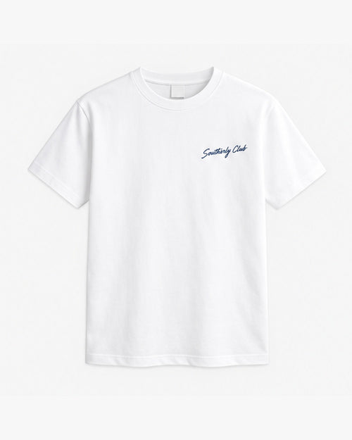 Island Arrival Tee, white, front view. Generated pre-production design preview.