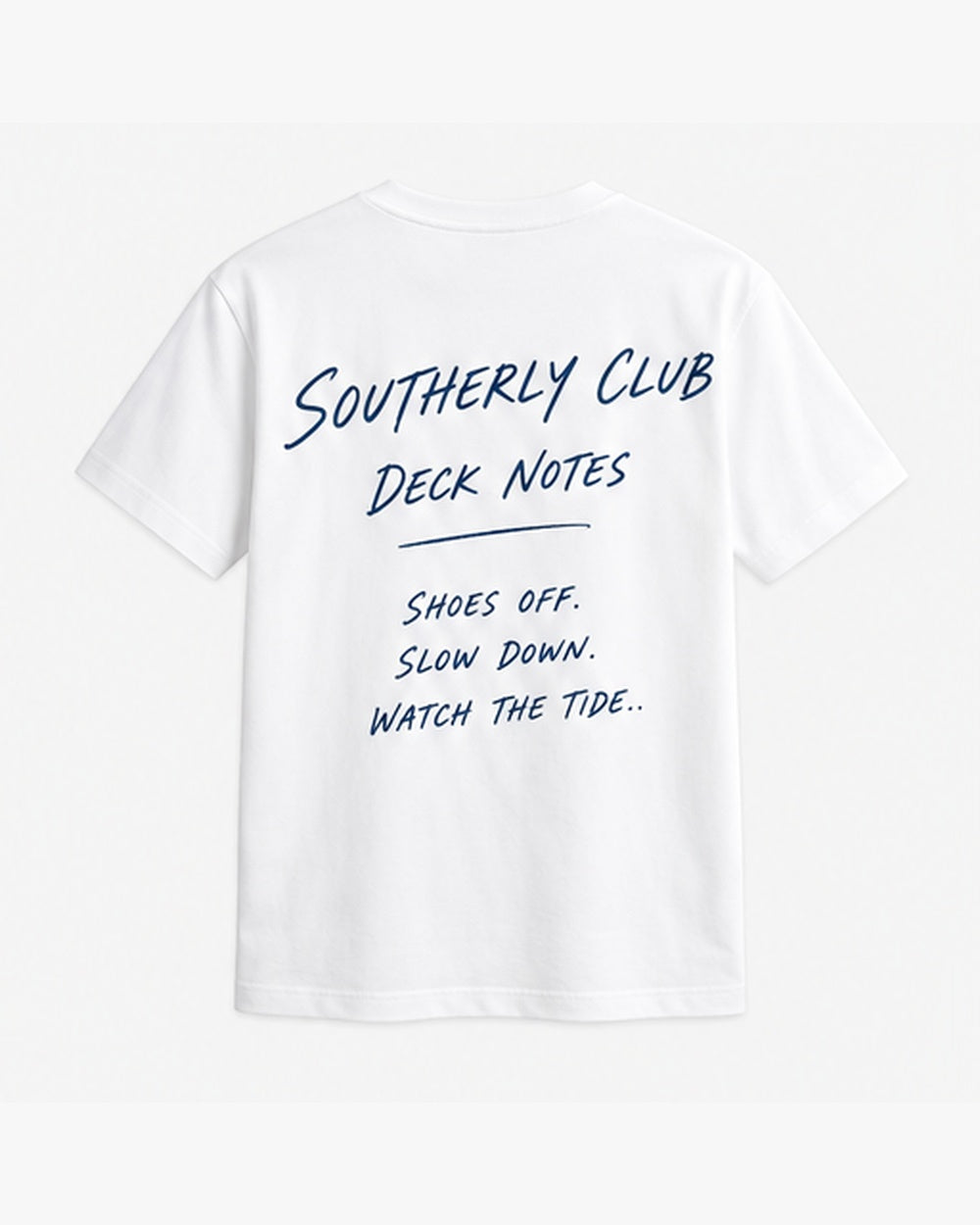 Deck Etiquette Tee, white, back view. Generated pre-production design preview.