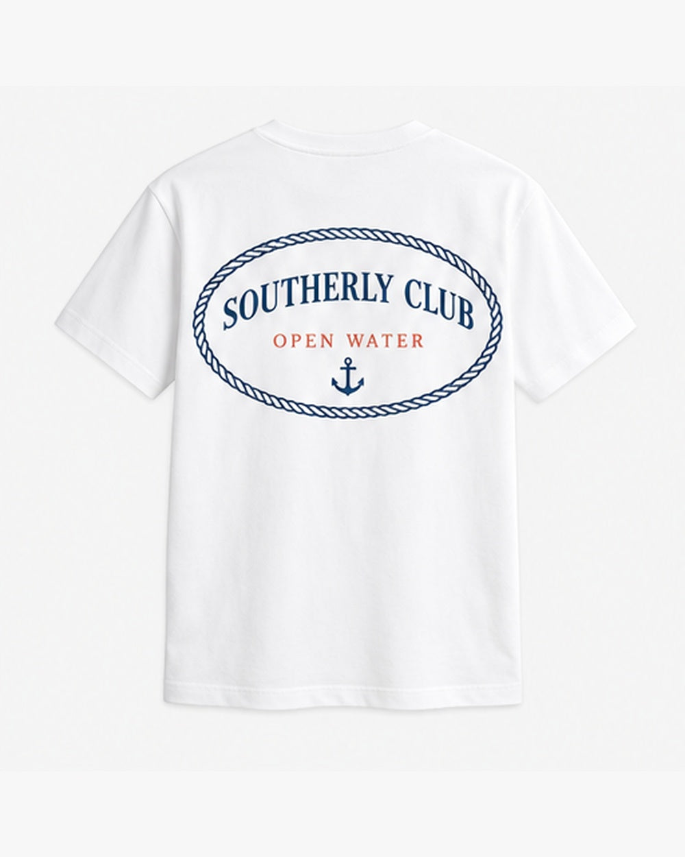 Mooring Emblem Tee, white, back view. Generated pre-production design preview.