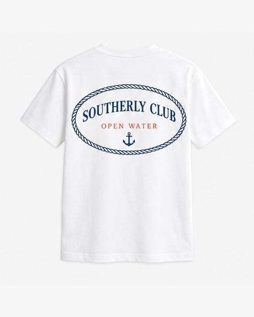 Mooring Emblem Tee, white, back view. Generated pre-production design preview.