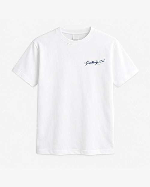 Mooring Emblem Tee, white, front view. Generated pre-production design preview.