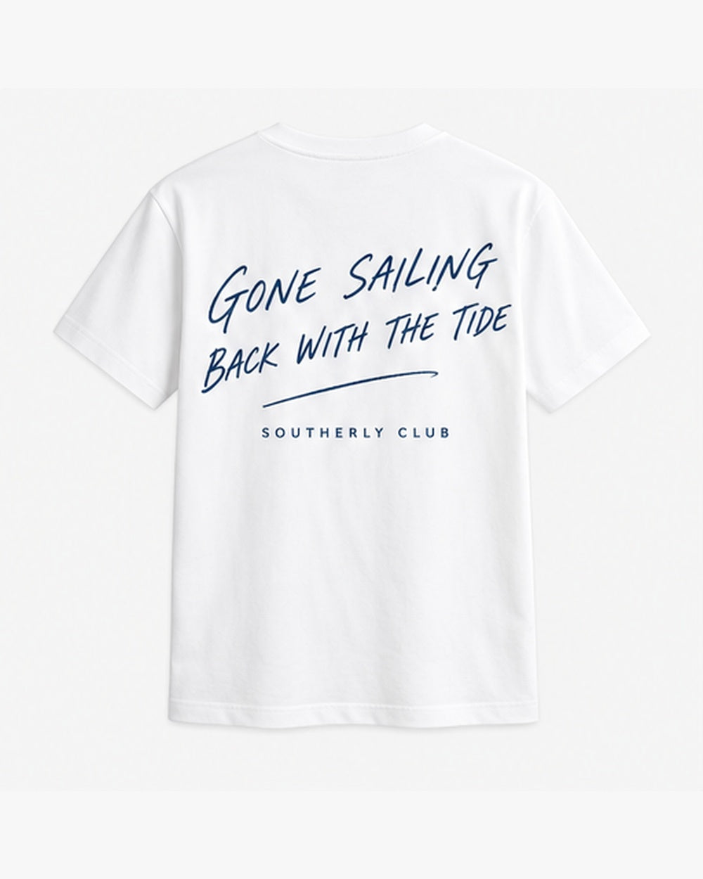 Gone Sailing Tee, white, back view. Generated pre-production design preview.