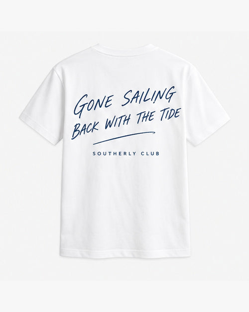 Gone Sailing Tee, white, back view. Generated pre-production design preview.
