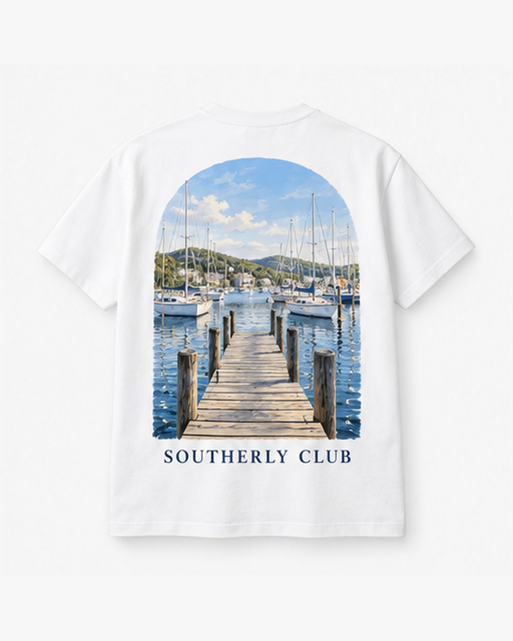 Pier Outlook Tee, white, back view. Generated pre-production design preview.
