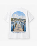 Pier Outlook Tee, white, back view. Generated pre-production design preview.