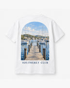 Pier Outlook Tee, white, back view. Generated pre-production design preview.