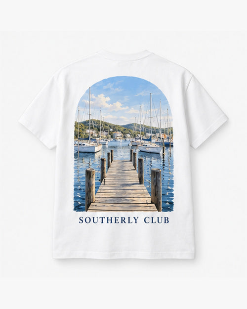 Pier Outlook Tee, white, back view. Generated pre-production design preview.