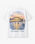 Harbour Bridge Dusk Tee, white, back view. Generated pre-production design preview.