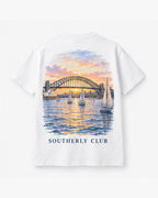 Harbour Bridge Dusk Tee, white, back view. Generated pre-production design preview.