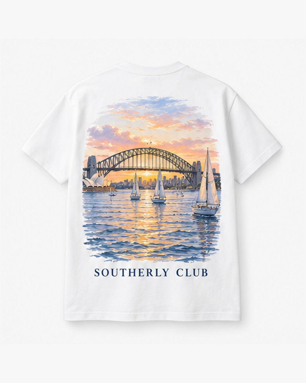 Harbour Bridge Dusk Tee, white, back view. Generated pre-production design preview.
