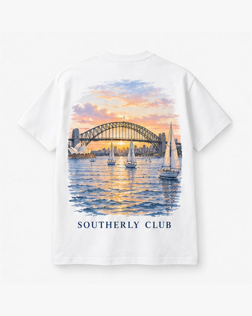 Harbour Bridge Dusk Tee, white, back view. Generated pre-production design preview.