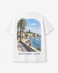 Palm Bay Tee, white, back view. Generated pre-production design preview.